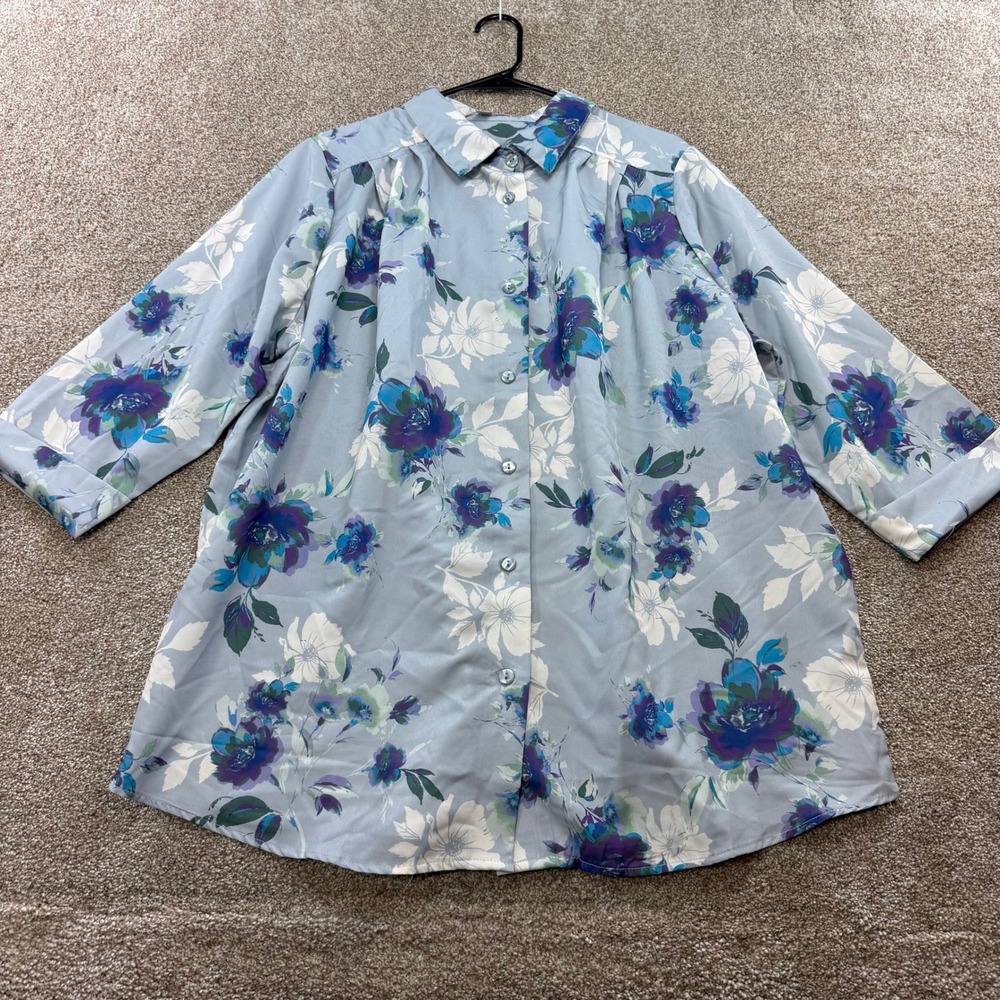 Woman Within Womens 18 20 Blue Floral Button Down 3/4 Sleeve Shirt Office Work